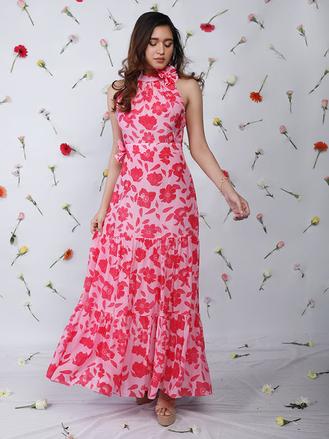 High neck floral maxi dress