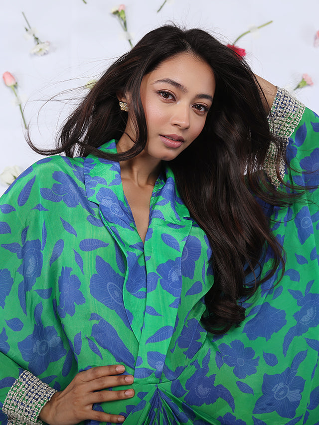 Printed kaftan gown with embroidered cuffs