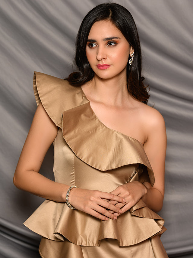 Gold ruffle dress with front slit
