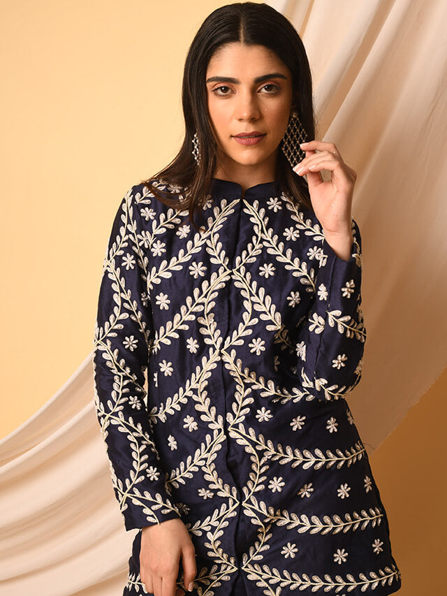 Chanderi Kurta And Crepe Pant Navy Blue