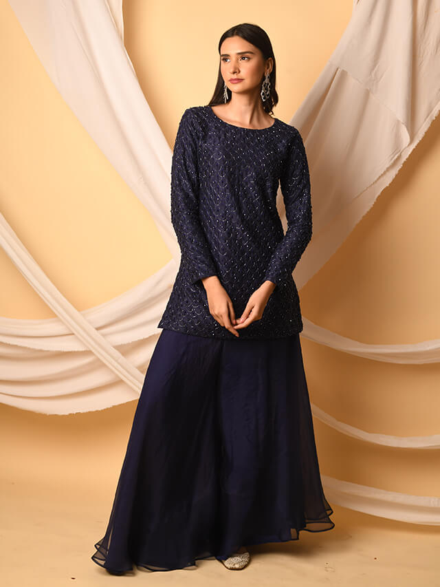 Chanderi Kurta And Organza Pant Navy Blue