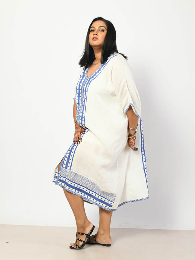 Pure Linen White-blue Kaftan