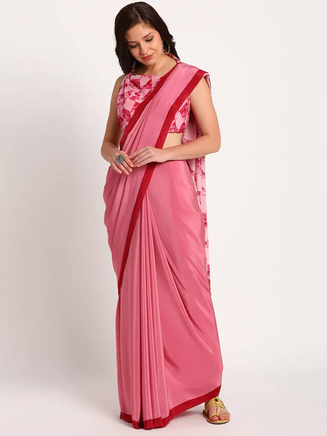Pink Spring Grid Printed Saree Crepe