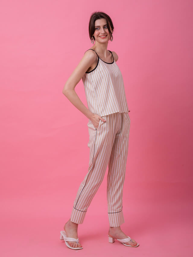 Beige Lurex Camisole Stripe Set