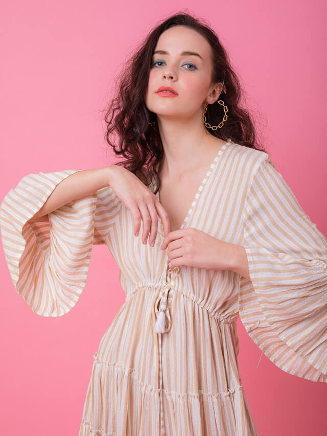 Beige Lurex Stripe Babydoll Dress