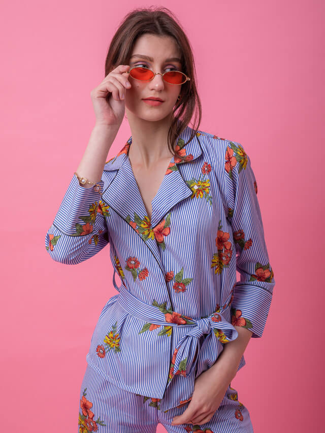 Blue Floral Stripe Robe Set