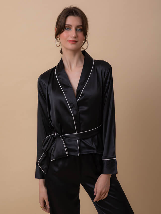 Coco Jet Black Satin Robe Set