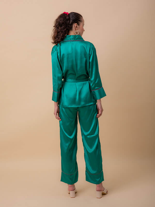 Luxe Satin Emerald Robe Set With Contrast Piping