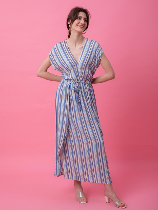 Multi blue stripe kaftan dress