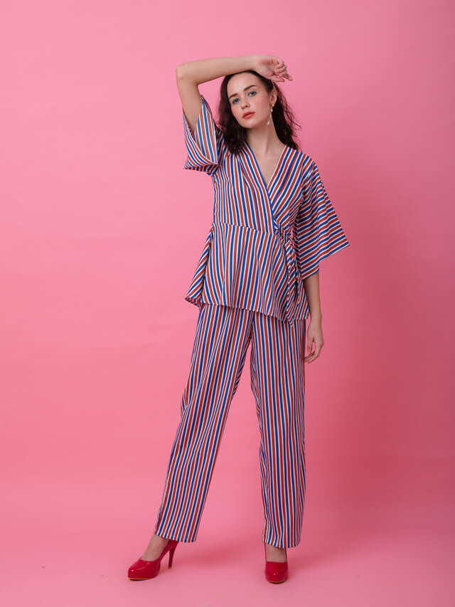 Multicolor red blue peplum stripe set
