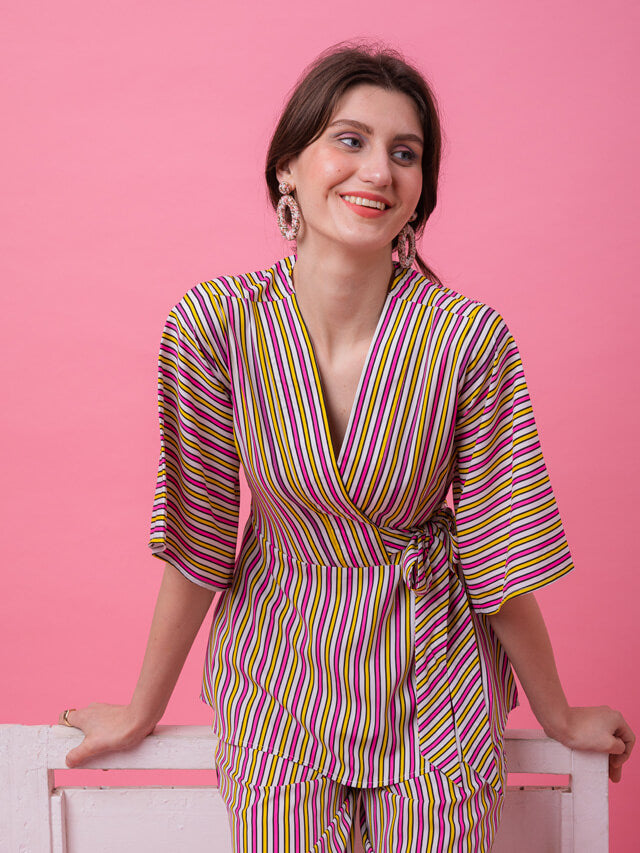 Multicolor yellow pink peplum stripe set