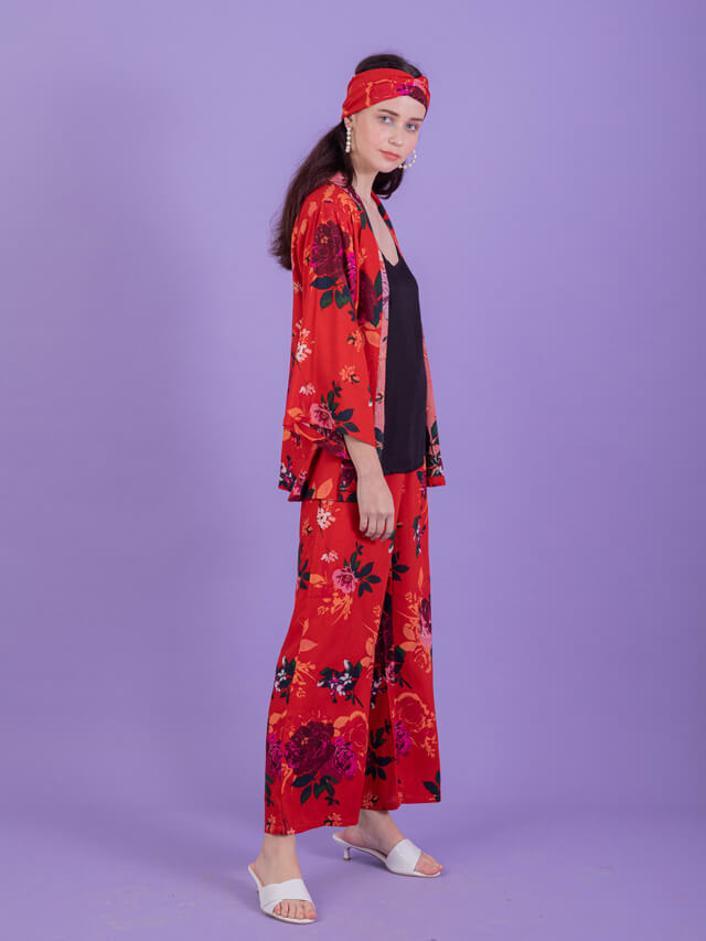 Red floral kimono camisole set