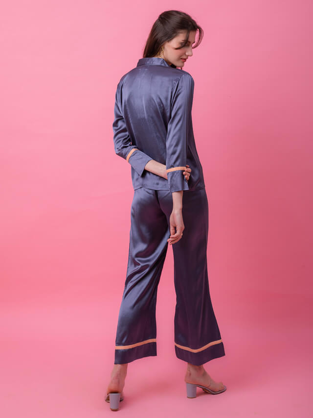 Grey Satin Tux Set With Peach