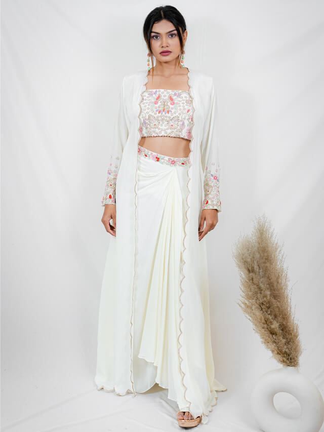 Crop top, drape skirt & cape jacket