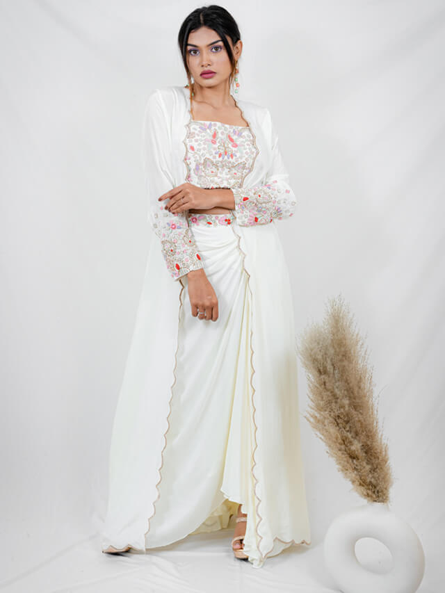 Crop top, drape skirt cape jacket