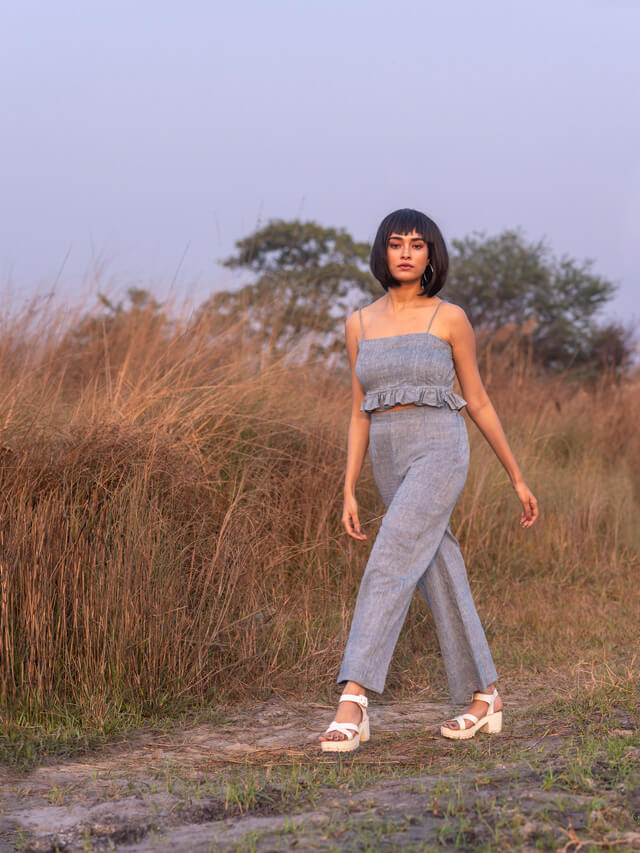 Indigo Frill Crop Blouse