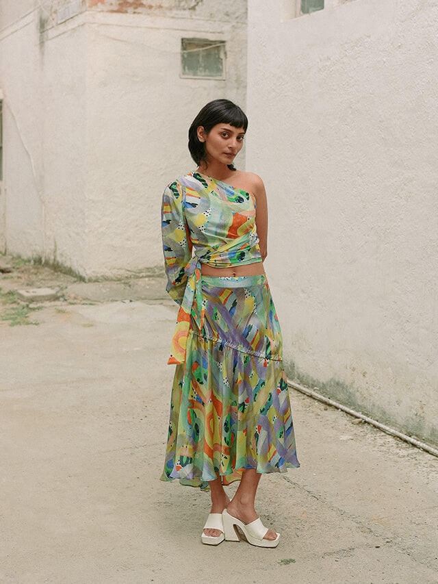 One shoulder tie top with gathered skirt