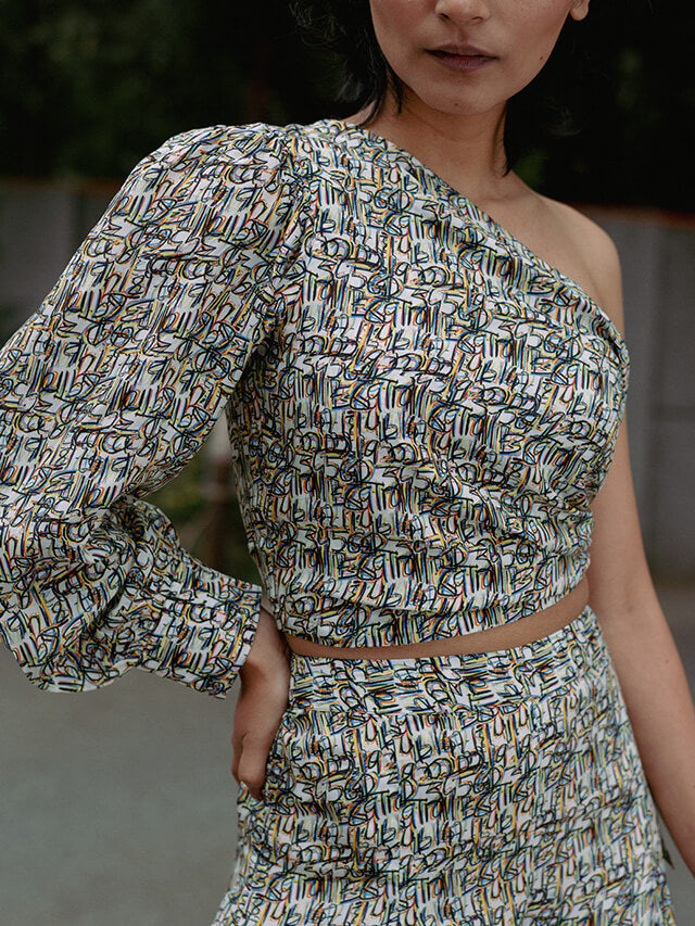 One shoulder tie top and box pleat pants