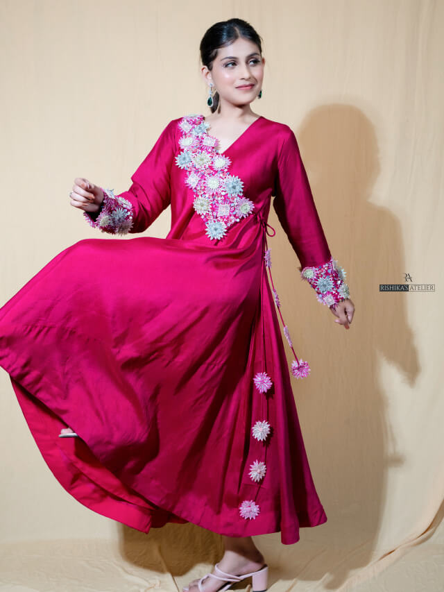 Angrakha style dress set with multi-coloured embellishments