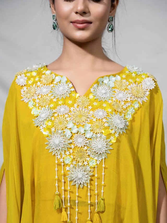 Mustard embellished translucent kaftan and drape skirt
