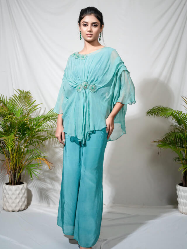 Ombre draped top paired with pants