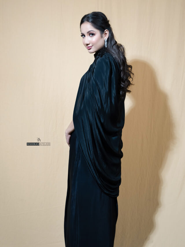 Charcoal black embellished cape set