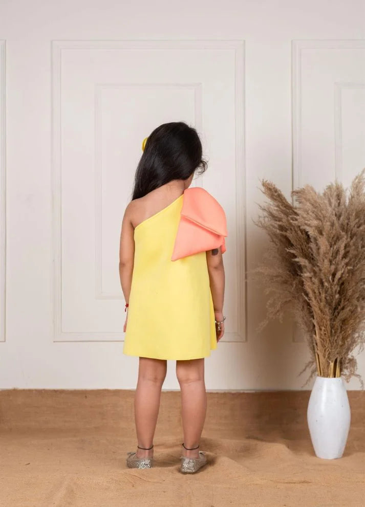 Peach Yellow one shoulder bow Dress