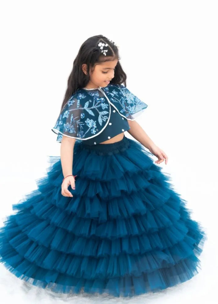 Teal Blue Crop Top Skirt with Cape