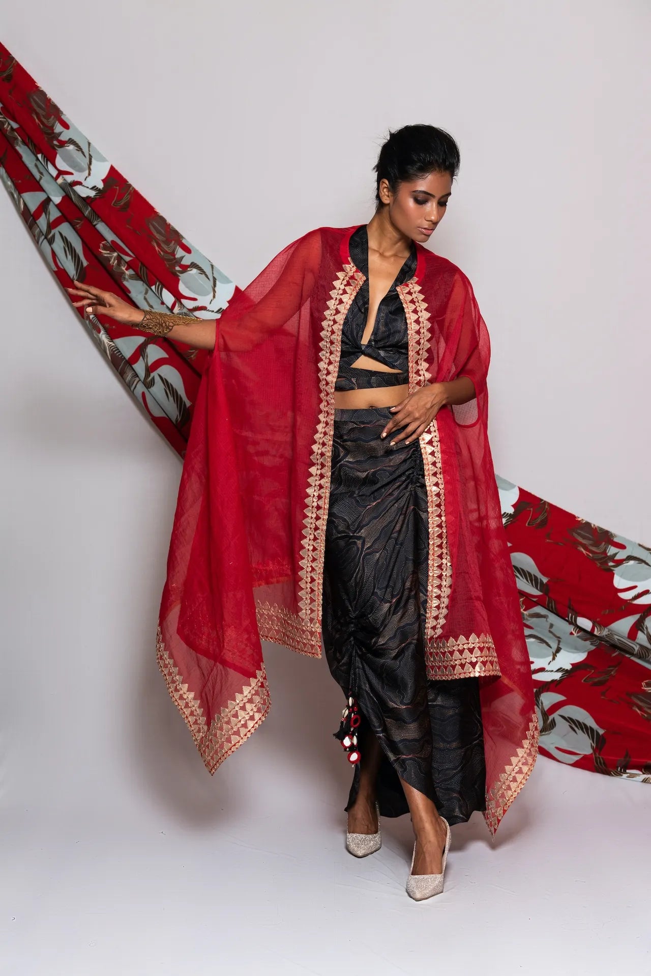 Printed Crop Top With Skirt & Cape Jacket