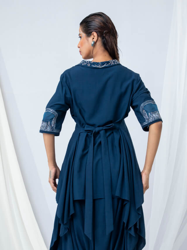 Ethereal Elephant Embroidered Bi-Layer Co-ord Set Paired with Drape Dhoti Pant