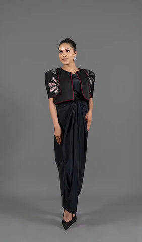 Drape dress with bat sleeve short jacket