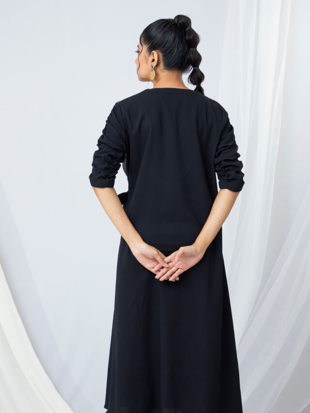 Bi-colour Tie-up A Line Dress with Floral Embroidery