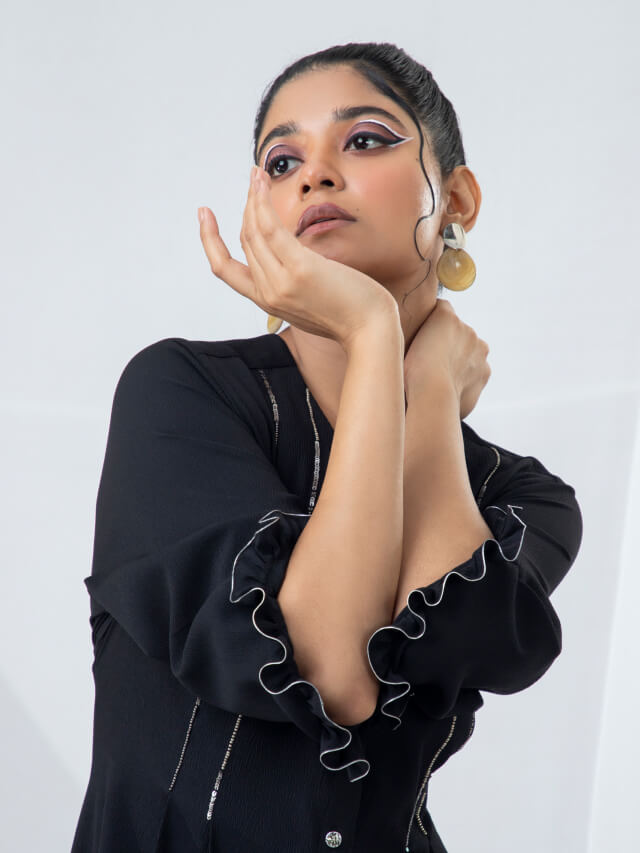 Frill Collar Double Pleated A-Line Dress with Beaded Embroidery Detail