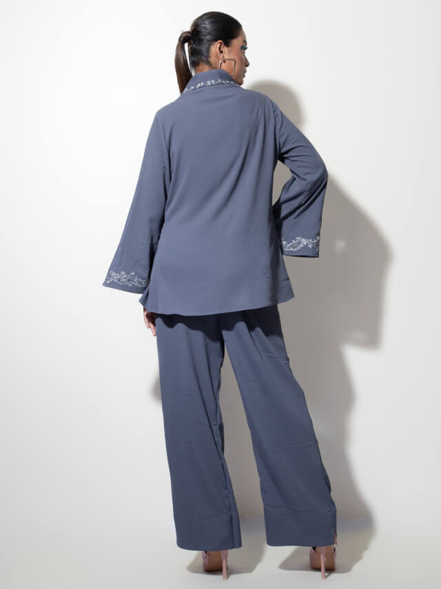 Wide Sleeve Embroidered Jacket with Tank Top and Wide Trouser