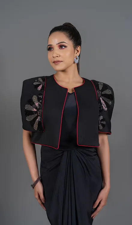 Drape dress with bat sleeve short jacket