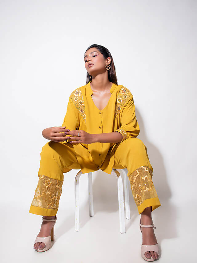 V Panel Kimono Sleeve Co-ord Set with Floral Embroidery Detail