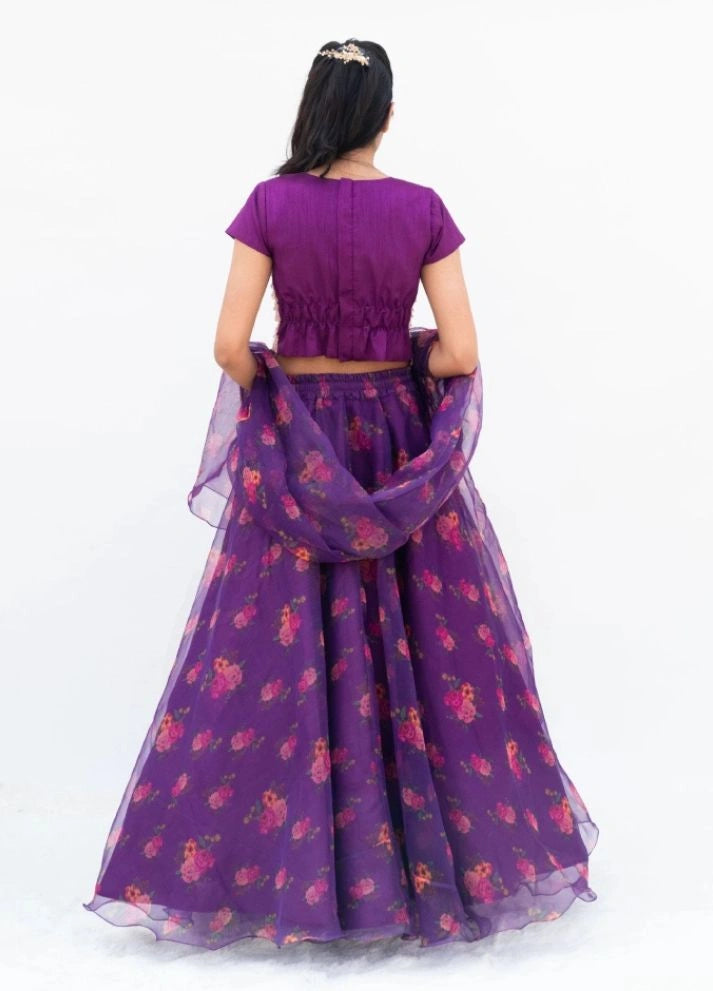 Purple Tassel Choli with Printed Lehenga Set