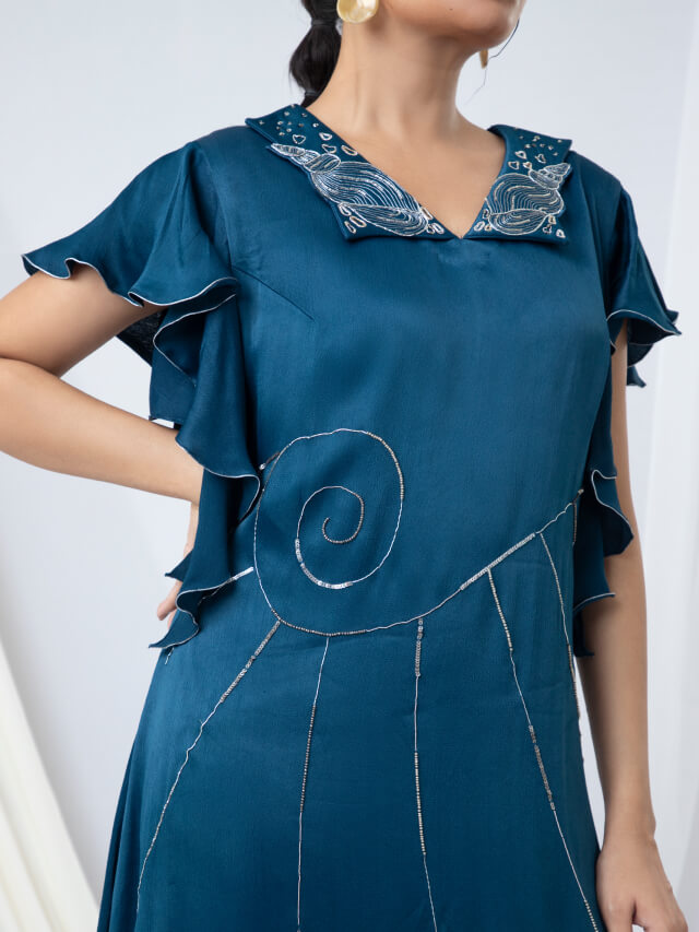 Cascade sleeve edgy hem A-Line dress