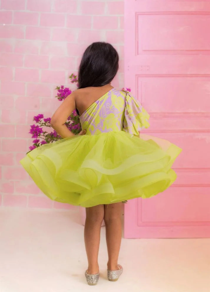 Lilac Green One Shoulder Ruffle Dress
