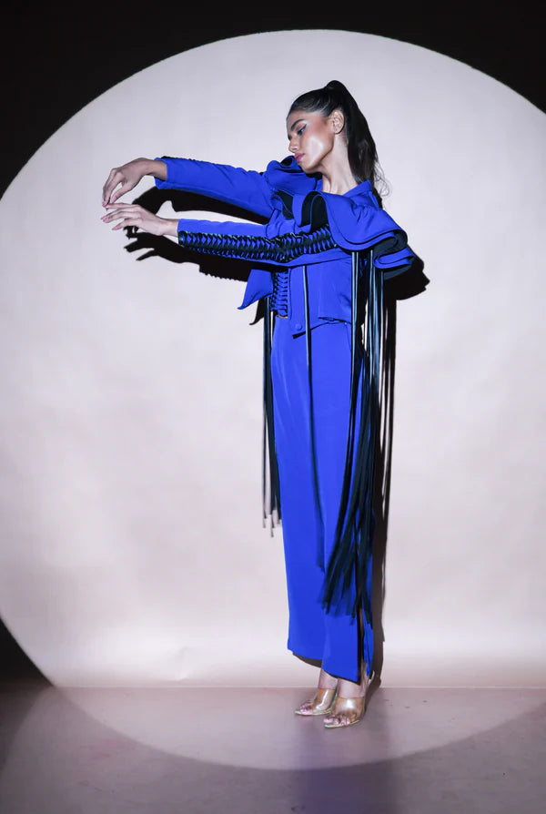 Archic symmetry ruffled blazer,bustier & pant full set