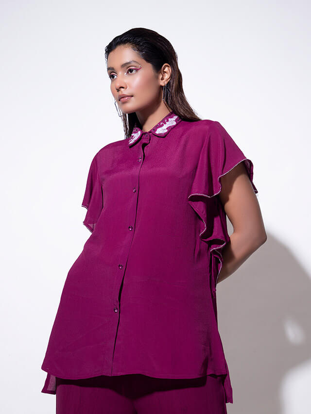 Collar Embroidered Co-ord with Cascade Sleeves