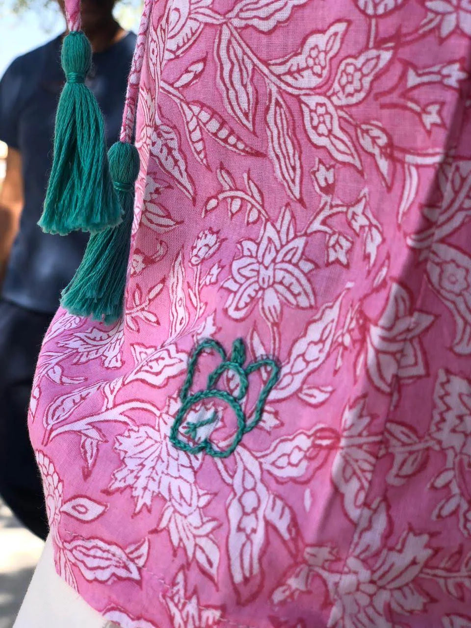 Pink Yoke top - Pink Printed Top with Green Tassel Details