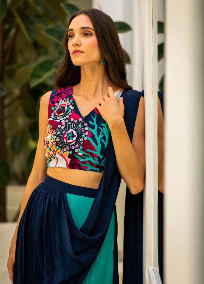 Draped Saree With Embroidered Blouse