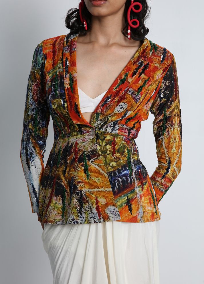 Long Jacket with Draped Skirt and Bralette