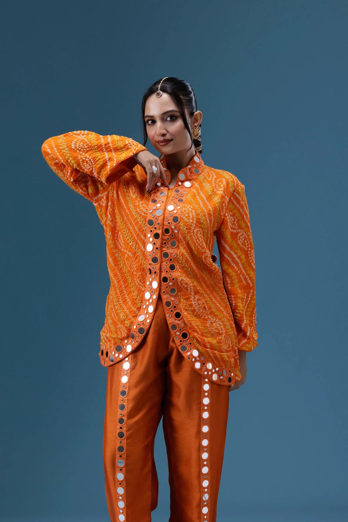 Abeer Orange Bandhani Mirror Work Co-ord Set