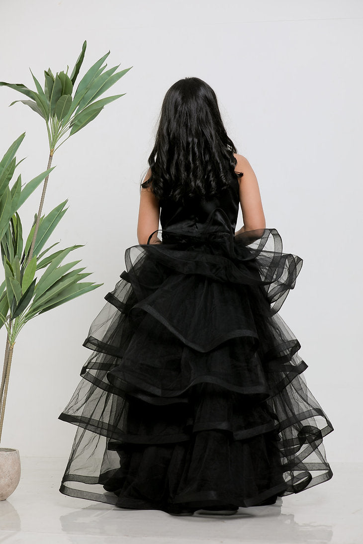 Black Satin Emboidered Gown With Detachable Ruffle Drape