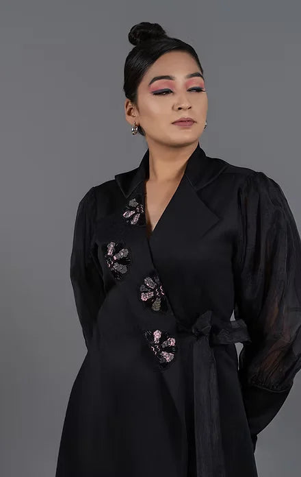 Black Balloon Sleeve Wrap Around Dress