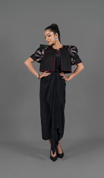 Drape dress with bat sleeve short jacket
