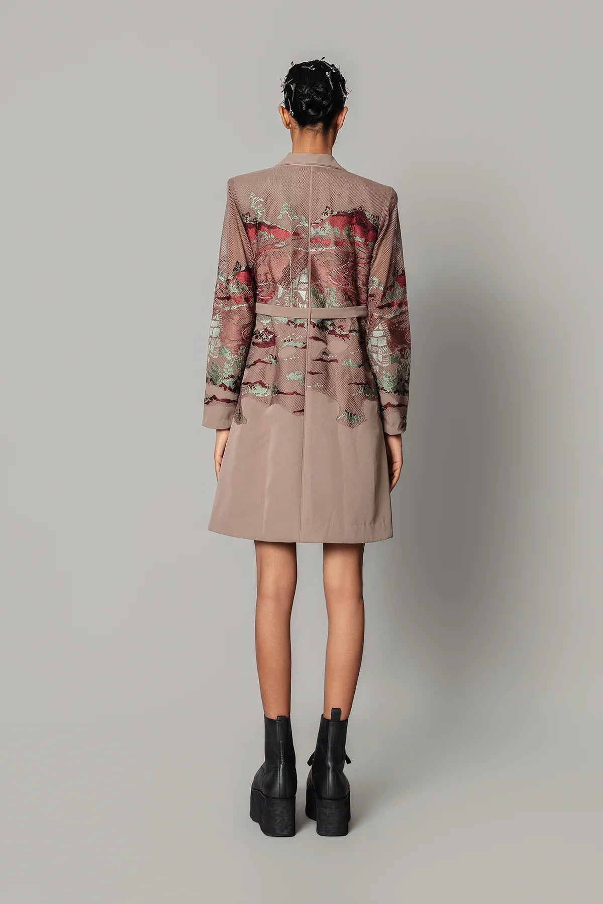 Brown hokusai embroidered coat dress