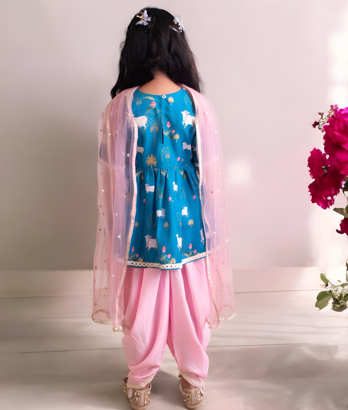 Blue Nandi Printed Kurti with Dhoti